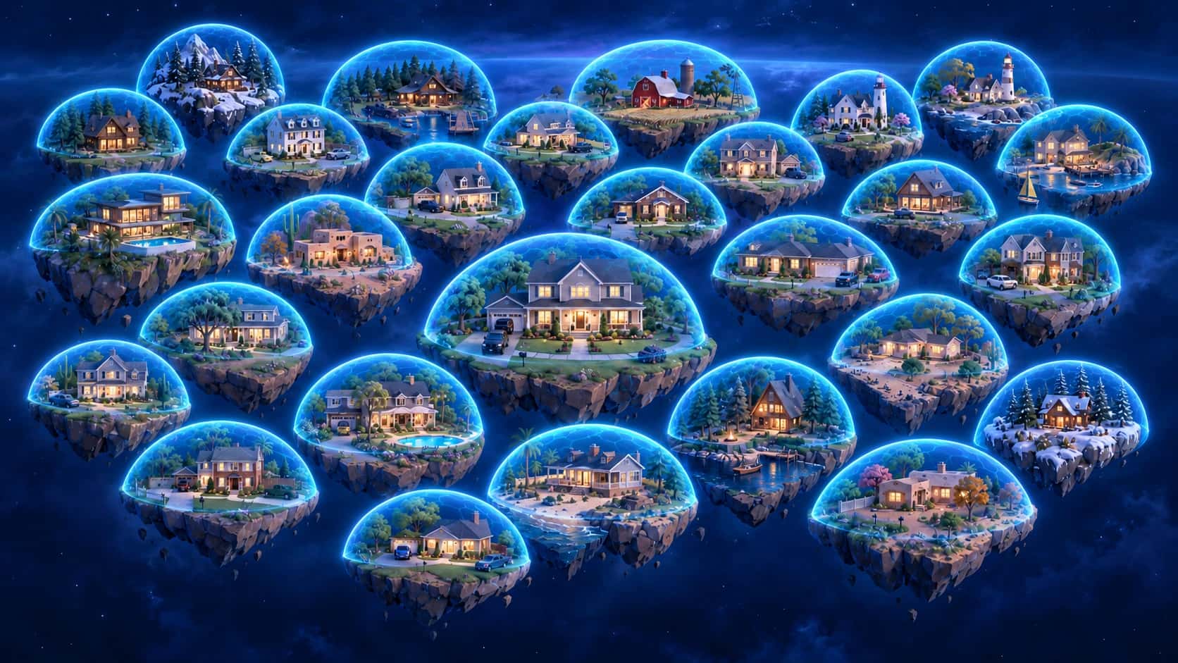 Miniature household islands with individual blue shields forming around their homes