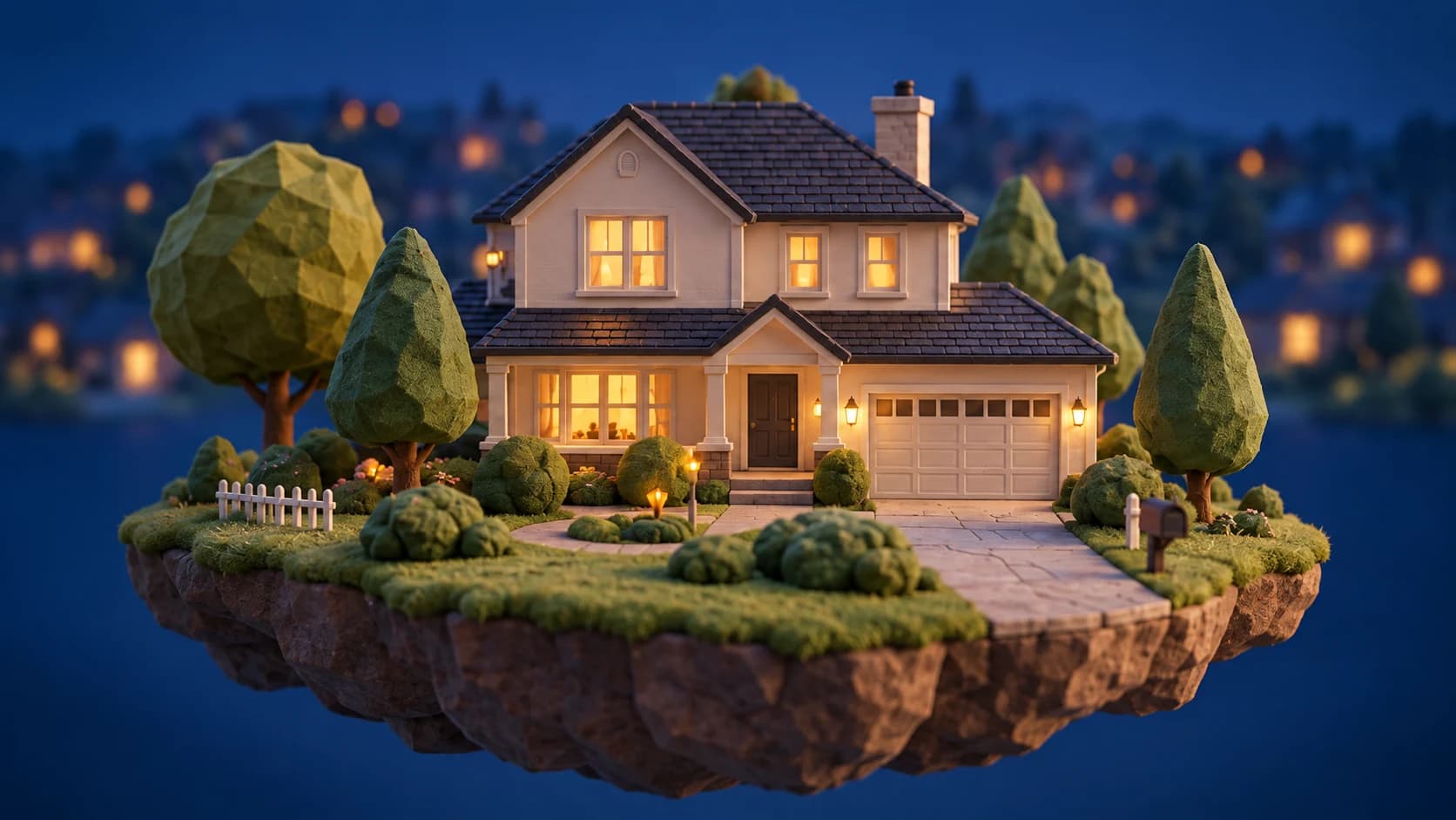 Illustration of a miniature family home on its own small island at dusk