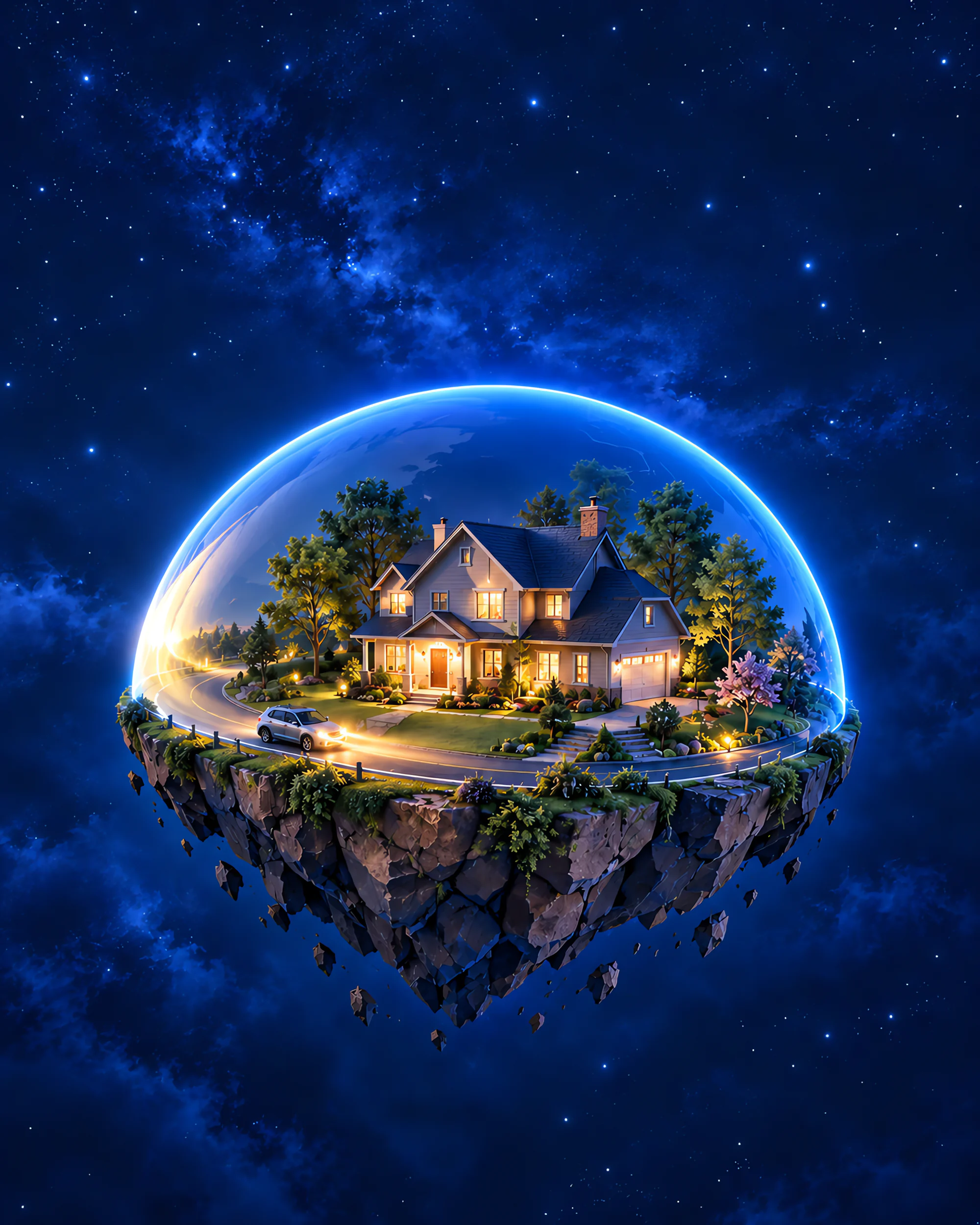 A car passes a family home at night, and its headlights glow across the blue dome around the home