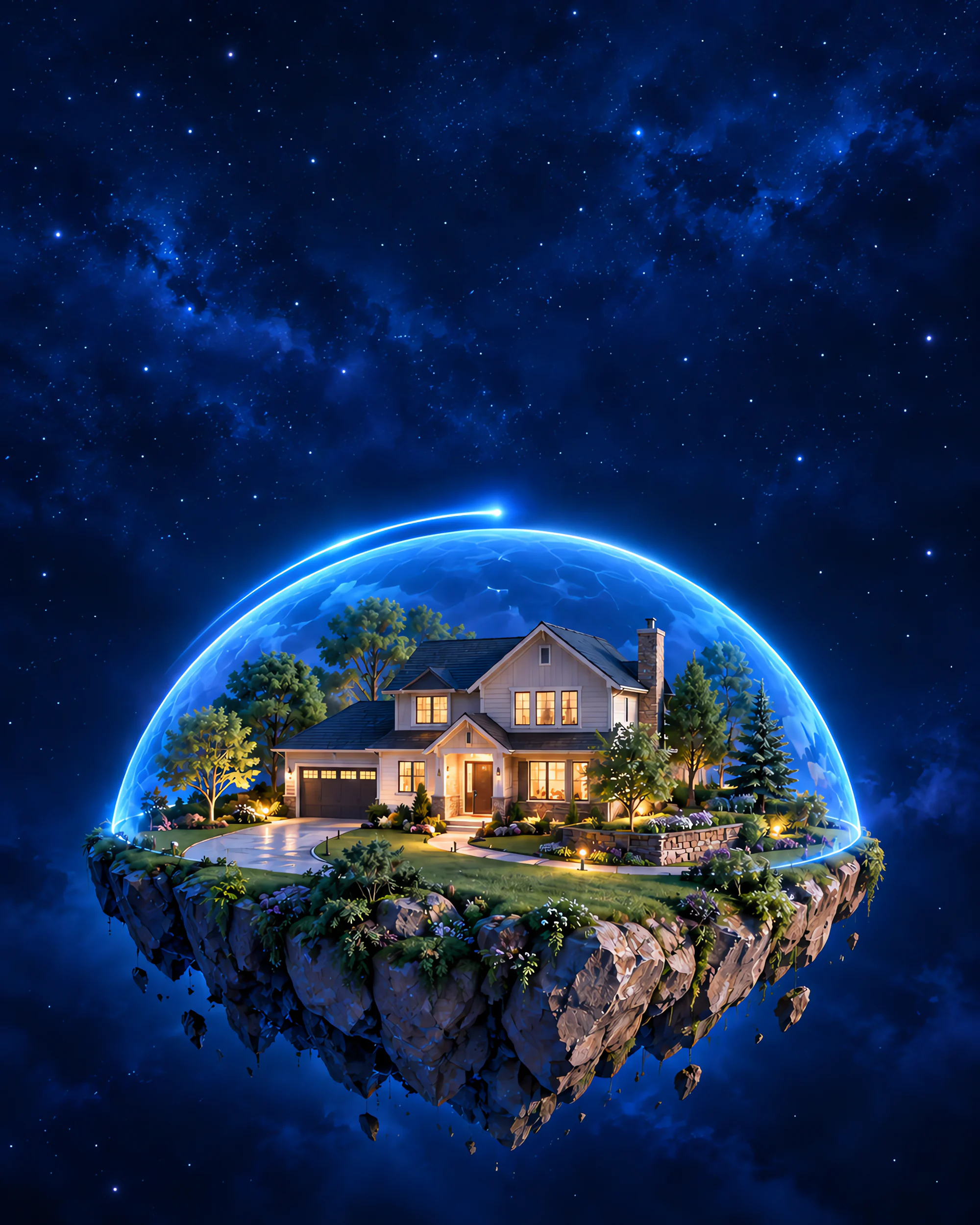 A blue dome closing over a family home and its yard, with a light trailing along its edge