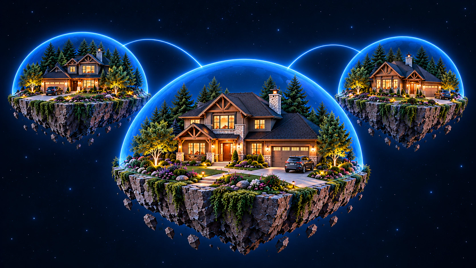 Three family homes on their own islands, each under a blue dome, connected by fine blue paths of light